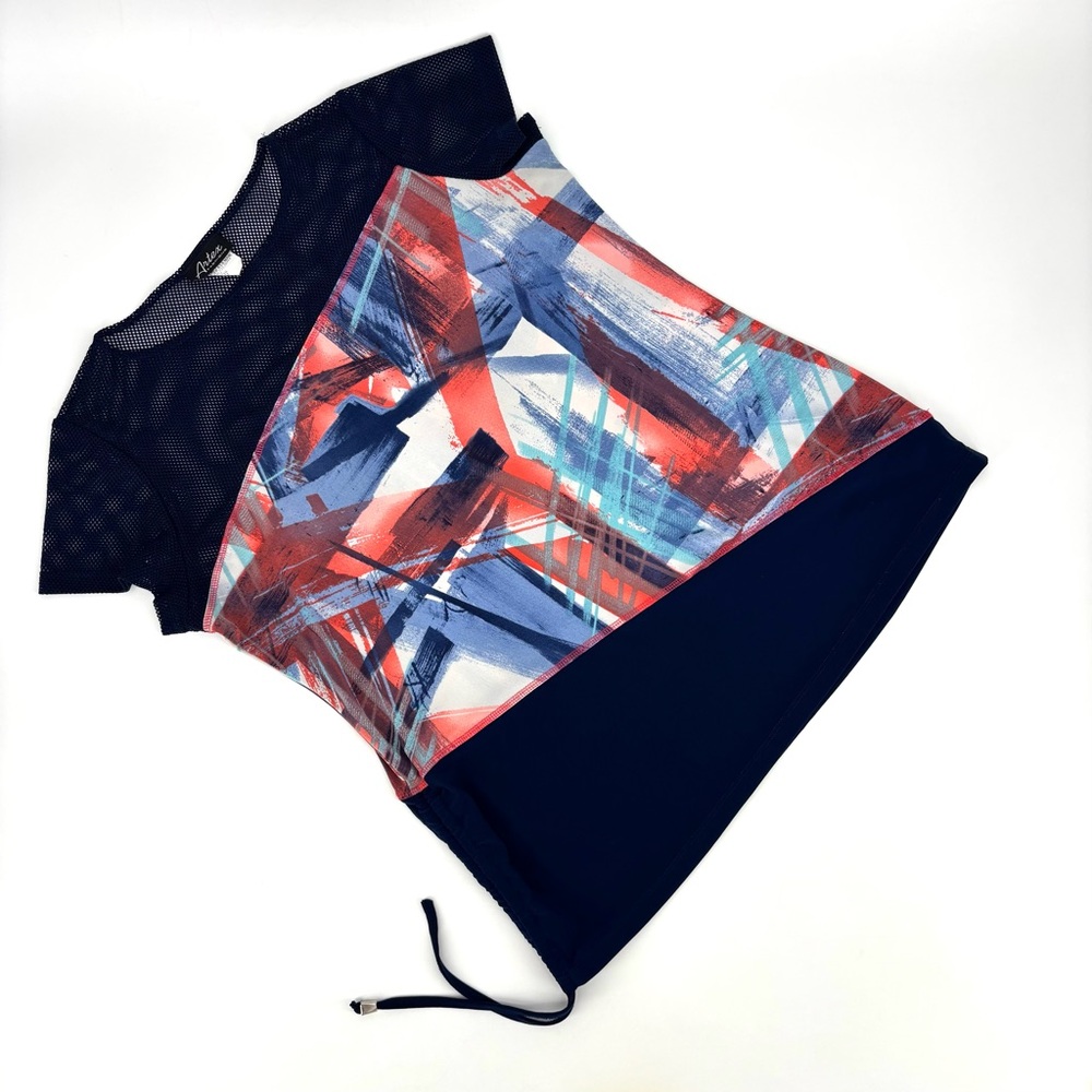 Artex Navy and Red Patterned Net Shoulder Asymmetrical Adjustable Ruched Top, XL